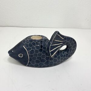 Black Vintage Hand Carved Plaster Fish Candle Holder Paperweight Signed AHL 1988